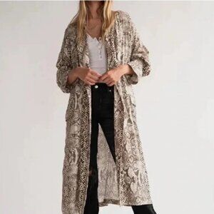 NEW Free People S Wild Nights Animal Print Long Duster cardigan Brown Cream Boho